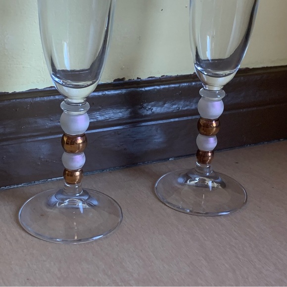 Fluted Champagne Glasses Italy Gold Trim Bulbous Stem - Set of 2 - Picture 3 of 12